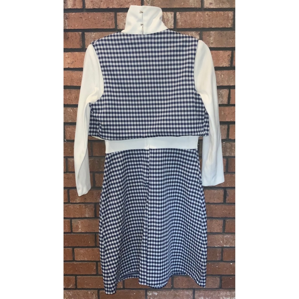 Vintage 60s Mod Gingham Check Faux Vest Turtleneck Dress Navy Blue White - Picture 4 of 5